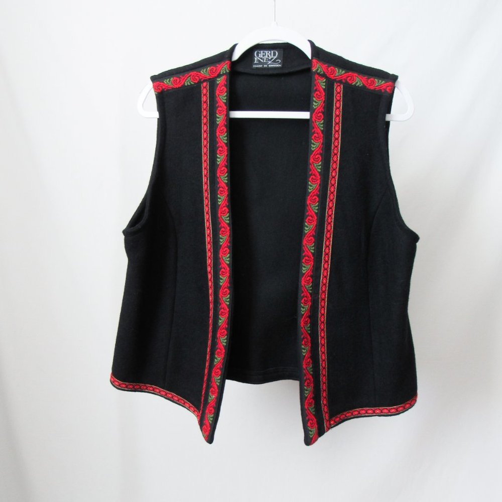 Gerdinez Swedish Black Wool Embroidered Vest Boho Chic Festival Western Size M/L